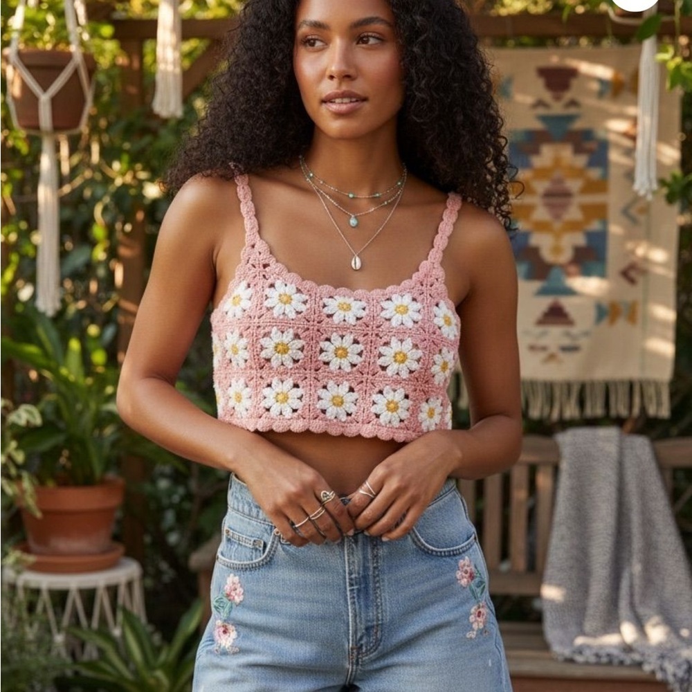 NWOT Anthropologie POL Pink Crochet Floral Crop Top
